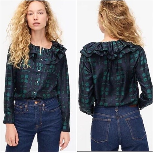 J. Crew Tops - J. Crew Collection Silk Twill Ruffle Collar Shirt small plaid blue green